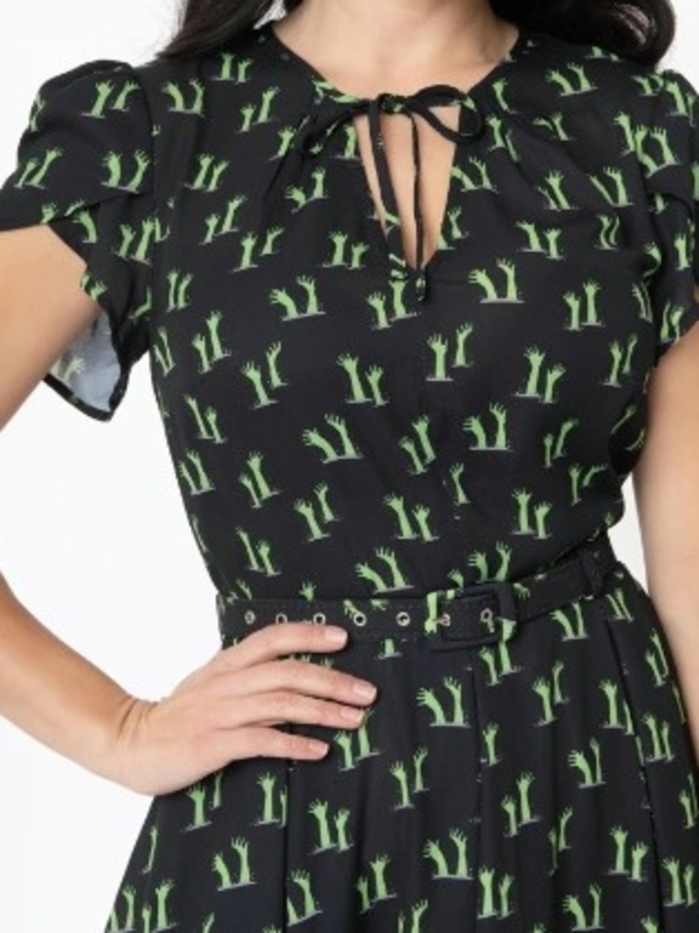 Retro Unique Vintage 1940s Style Dahlia Dress with Zombie Hand Print Plus Size